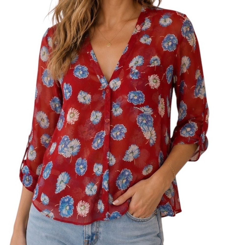 Pins and Needles Anthropologie Blouse Womens S Red Blue Floral Sheer Boho Top